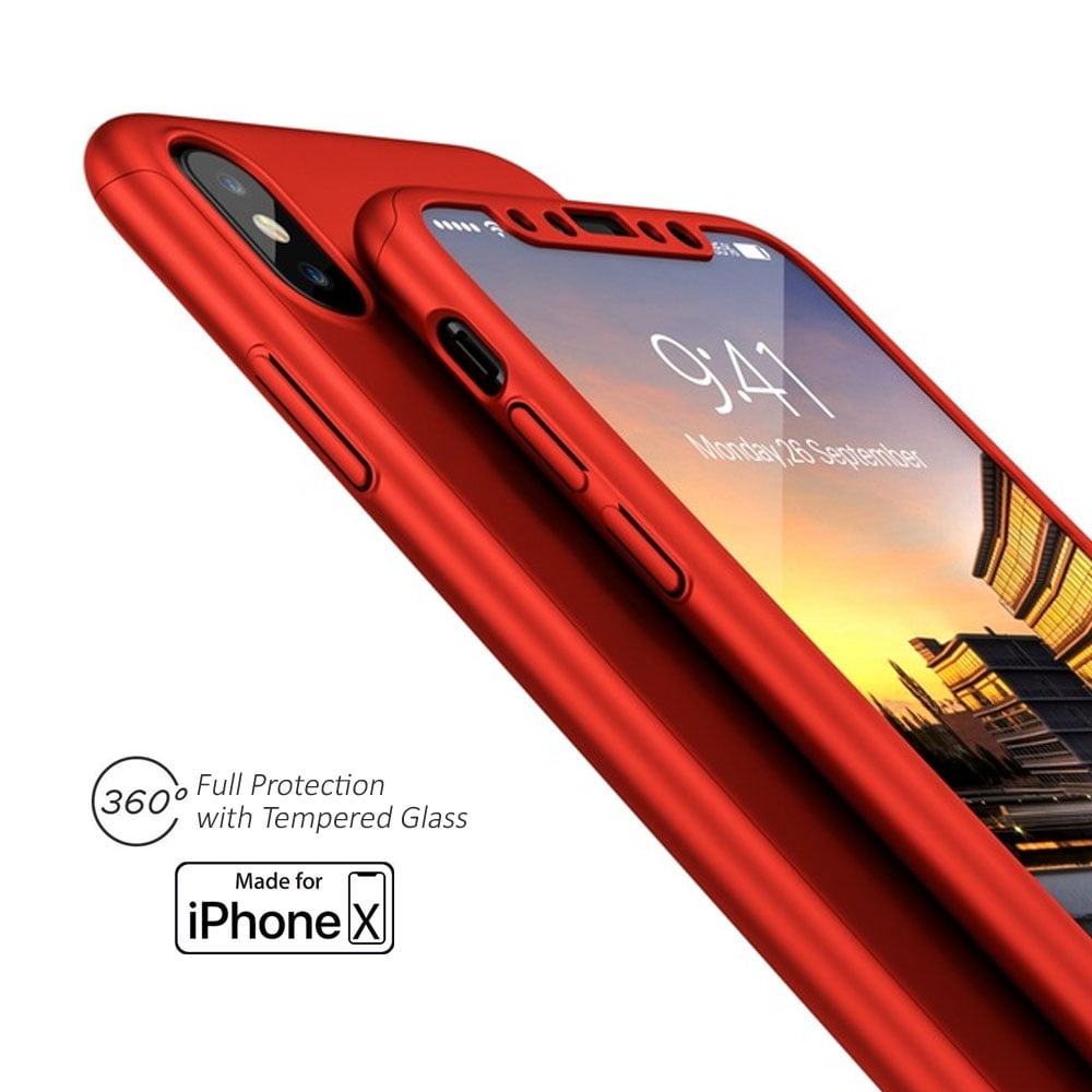 Indigi Red 360 Full Protective Case Hard PC Cover w/ Tempered Glass Screen For iPhone X