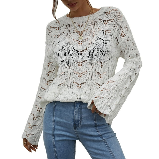Suéter de punto calado, suéter de crochet para mujer, suéter de manga larga para mujer, suéter de cuello redondo elaborado por expertos