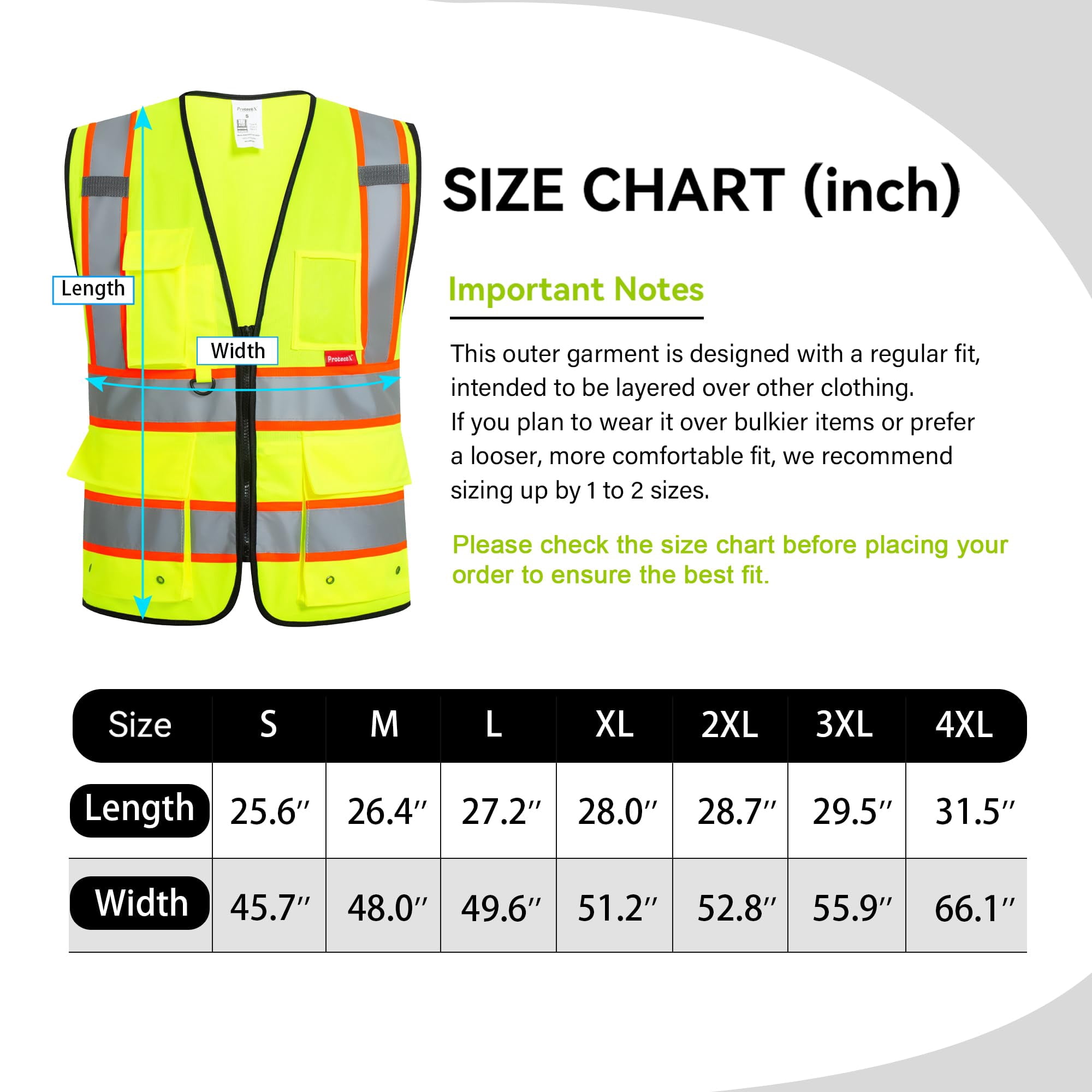 ProtectX Hi Vis Reflective Safety Vest for Men Women High Visibility Construction Work Vest with Pockets Zipper Class 2 Neon Green Large