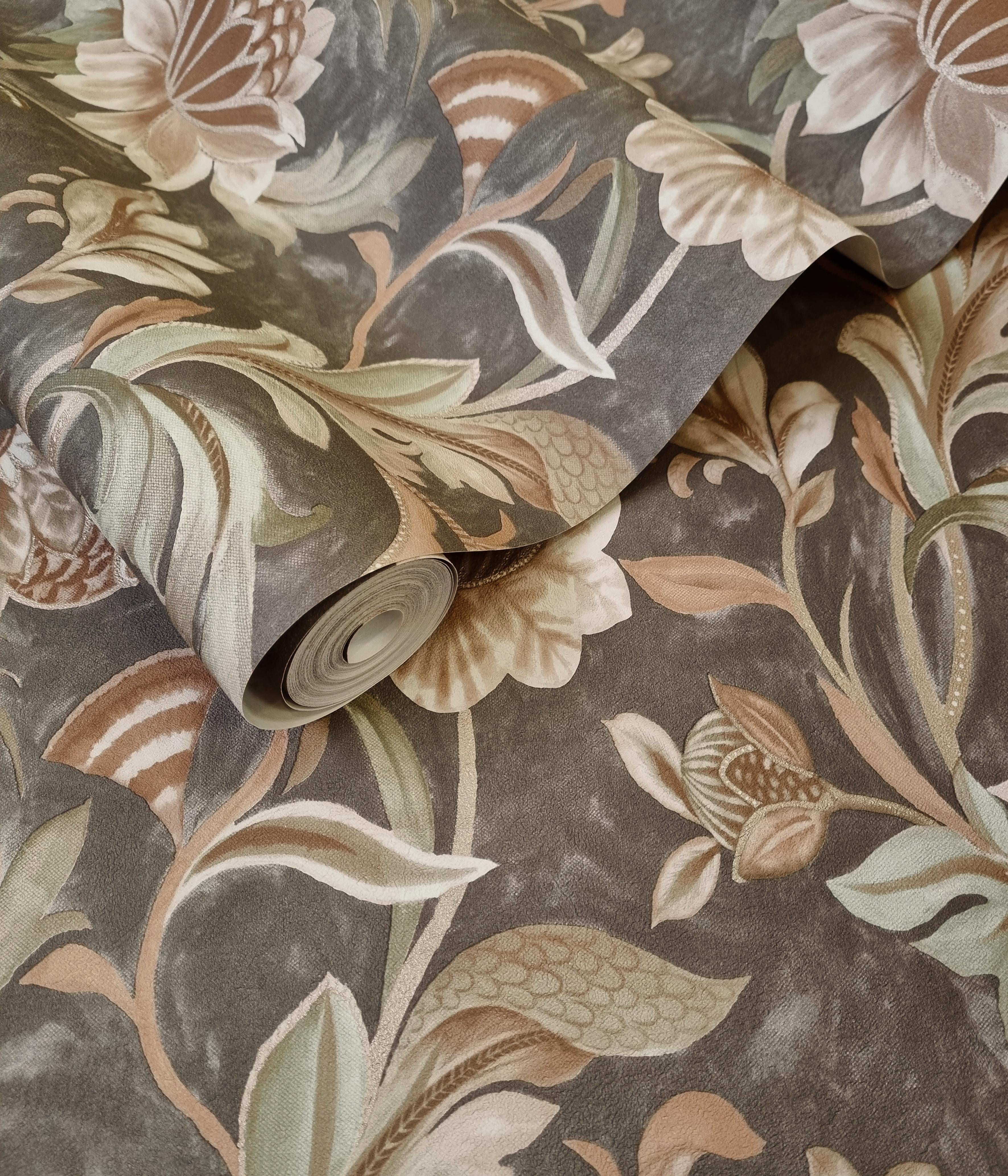 Charcoal Rust Grey Jacobean Style Floral Wallpaper