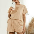 thumbnail image 6 of Women's 2 Pieces Outfits Solid Short Sleeve Ruffle Hem Tops and Elastic Waist Drawstring Shorts PJs Lounge Suits, 6 of 7