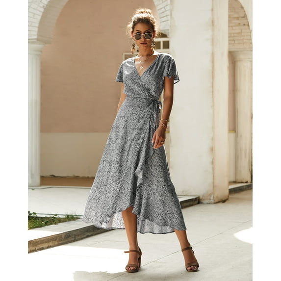SHEOWO Casual Boho Plus Size Dress for Women V Neck Print Short Sleeve Sundresses for Women Loose Belted Tunic Knee-Length Midi Dress