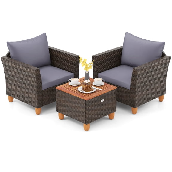 Gymax Set of 3 Rattan Bistro Furniture Set Wooden Table Top Cushioned Sofa Patio