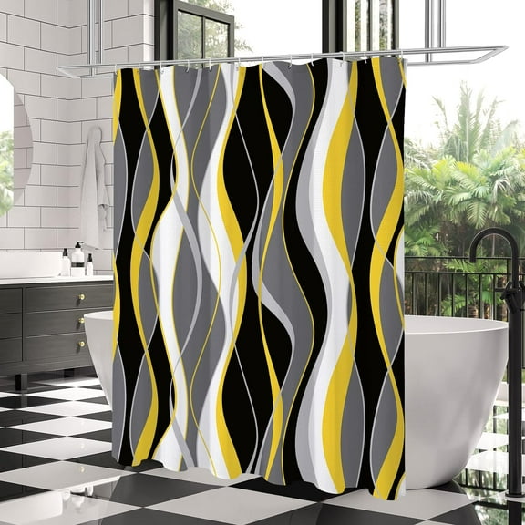 Black and Yellow Shower Curtain, Abstract Modern Grey and Yellow Bathroom Decor Accessories, Waffle Weave Textured Fabric Shower Curtain Set with Hooks, 72x72