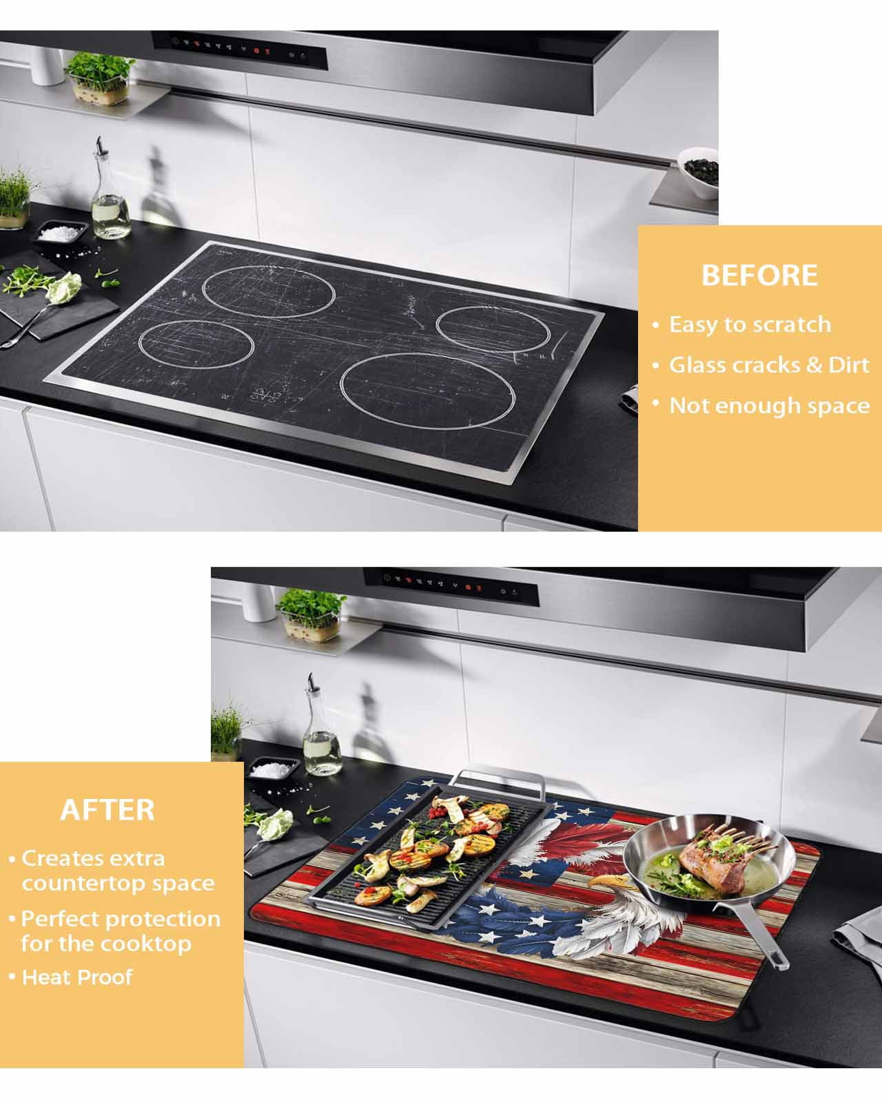 Large Induction Cooktop Protector Mat American Flag Stove Top Covers for Electric Stove, Blue Red USA Flag Eagle Wreath Decorative Stove Burner Cover Mats, Glass Top Stove Cover