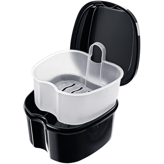 Denture Soak Container, Portable Denture Bath Box Cup, No-Leak Denture case,Retainer Cleaning Box Complete Clean Care for Dentures, Clear Braces, Mouth Guard, Night Guard & Retainers(Black)