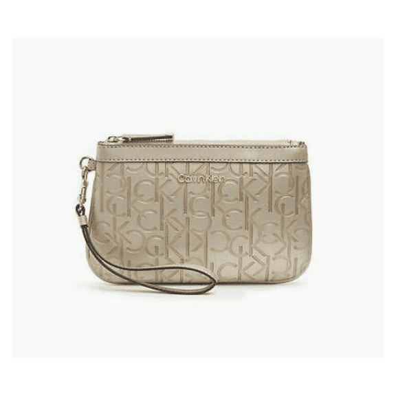 Calvin Klein Women's Embossed Monogram Logo Large Zip Wristlet Taupe