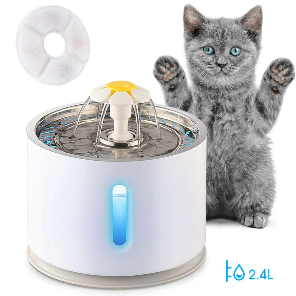 Automatic Cat Fountain Stainless Steel Dog Water Dispenser 2.4L with LED Lights