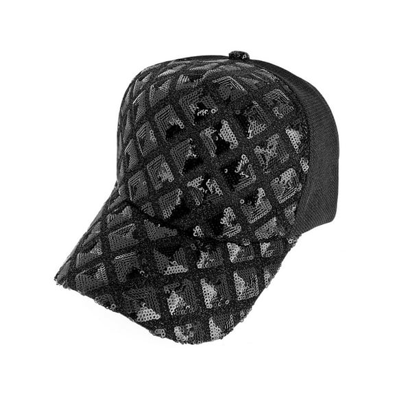 Top Headwear Sparkly Sequin Mesh Back Adjustable Baseball Cap - Black