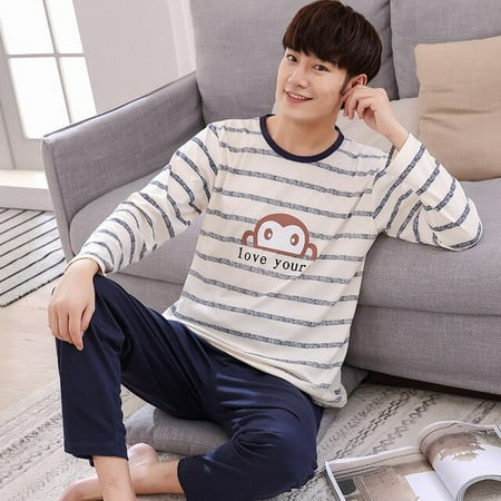 

QWZNDZGR Autumn Wintetr Long-sleeved Men s Cotton Pajamas Letter Striped Cartoon Pajama Sets Casual Men Pyjamas Plus Size L-4XL Pijama