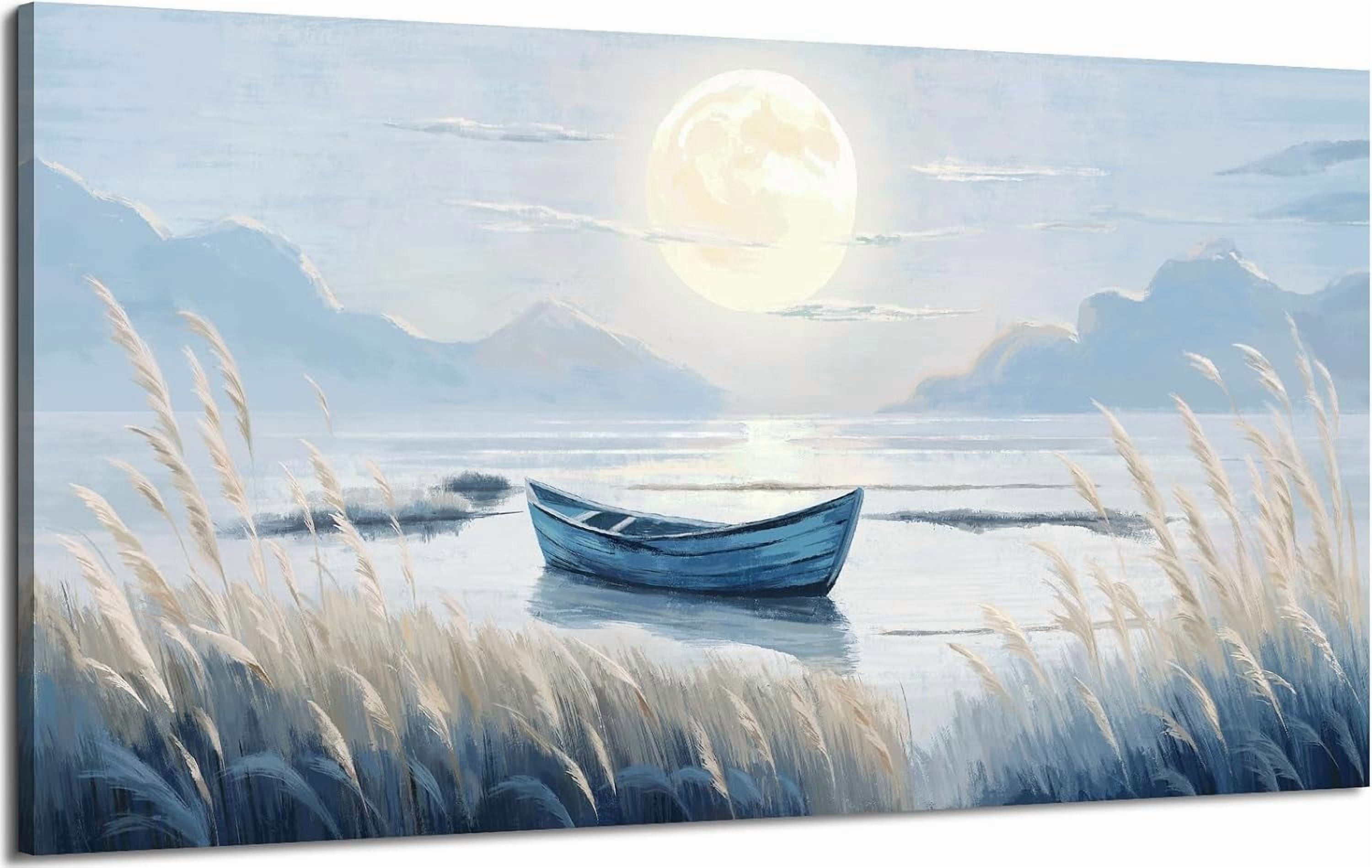 Canvas Wall Art Beach Décor Wall Picture Rustic Coastal Sand Canvas Print Ocean Nautical Painting Seascape Sea Bird Vintage Ship Boat Artwork for Seaside Living Room Bedroom Bathroom Decor Blue Large