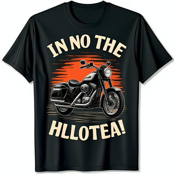 Men's Black T-Shirt with Motorcycle Design & Sunset Graphic