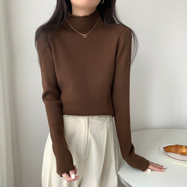 Ribbed Mockneck Sweater for Women Pullovers Knitted Long Sleeve Plain Jumper Teen-girl Fall Winter Basic Outfit