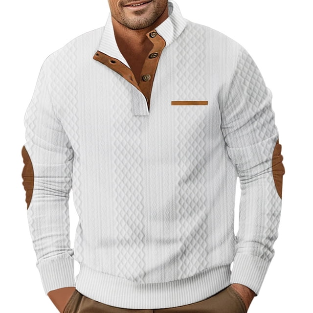 Men's Fashion Casual Hoodless Sweatshirt Long Sleeve Stand Button Comfortable Relaxed Solid Color Pullover
