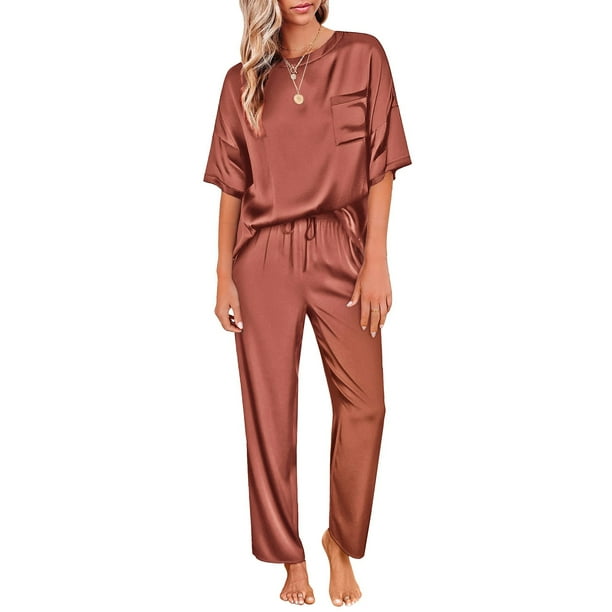 DAKIMOE Womens Silk Satin Pajama Set Short Sleeve Shirt with Long ...