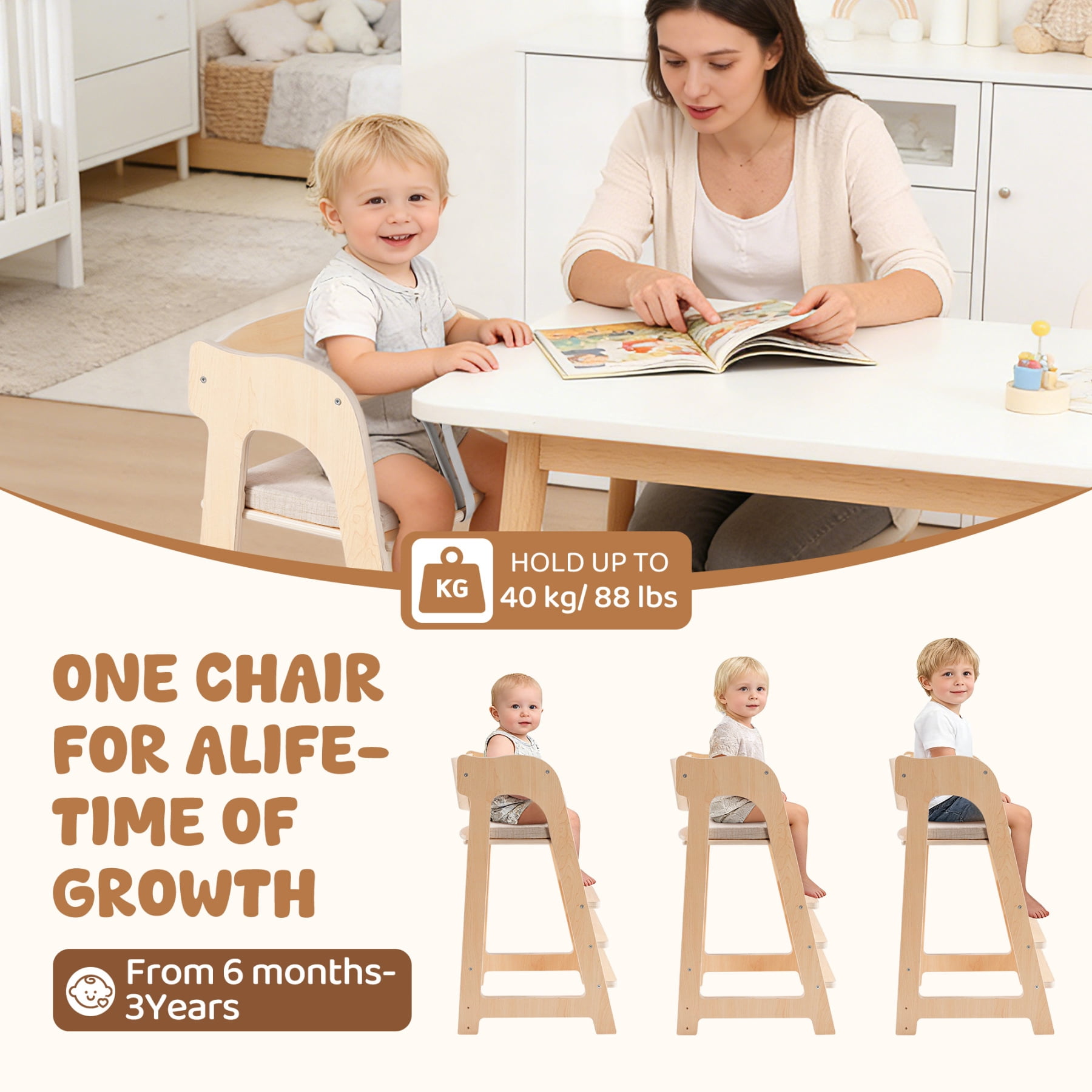 Robud Wooden Adjustable High Chair for Baby & Kids, Multifunctional Toddler Chair with Safety Belt, Convertible to Study Desk Chair, 6 Months to Teen Years, 40kg Capacity