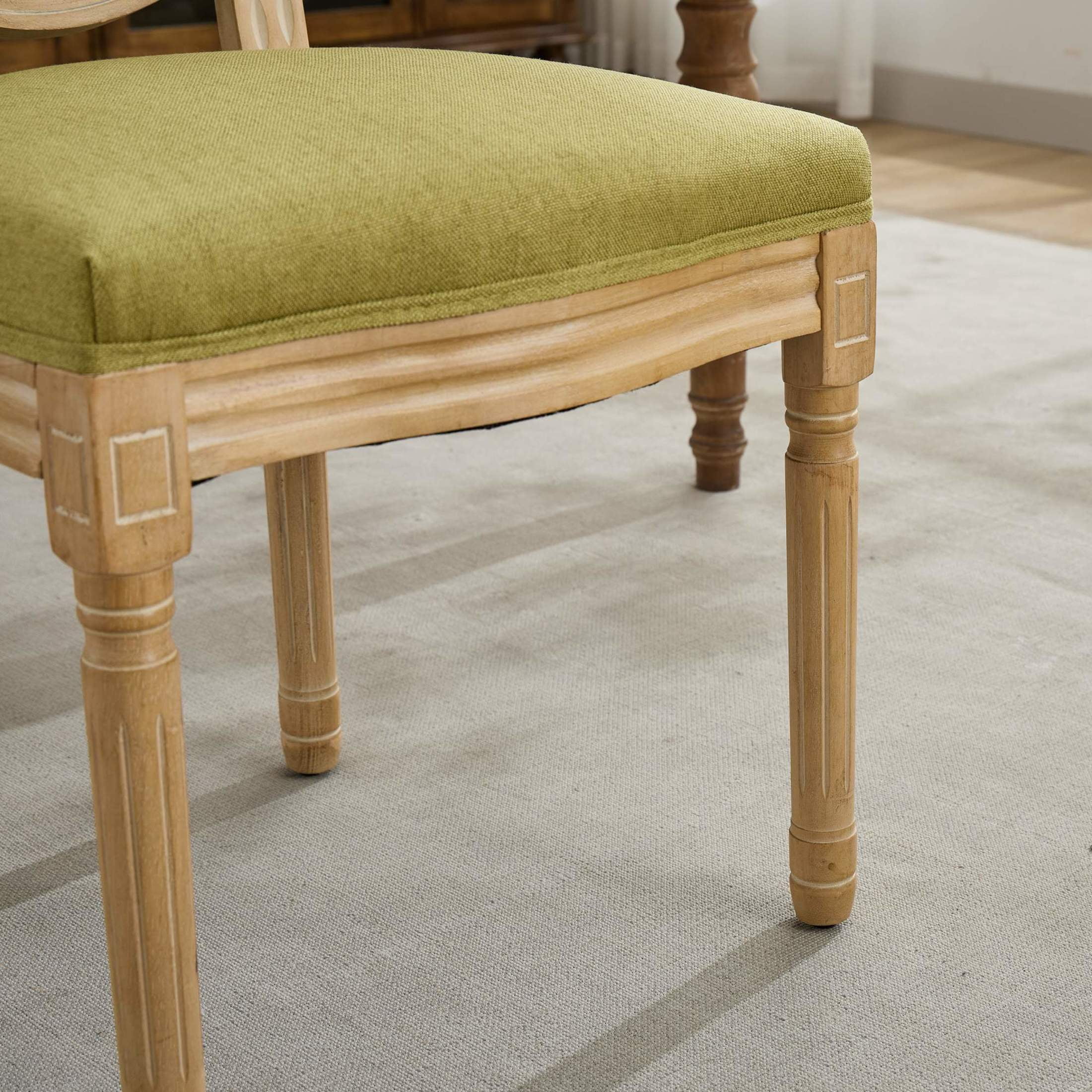 GDF Studio 23.4" French Dining Chairs Set of 2 with Linen Fabric Upholstery, Solid Rubberwood Frame, Olive Green