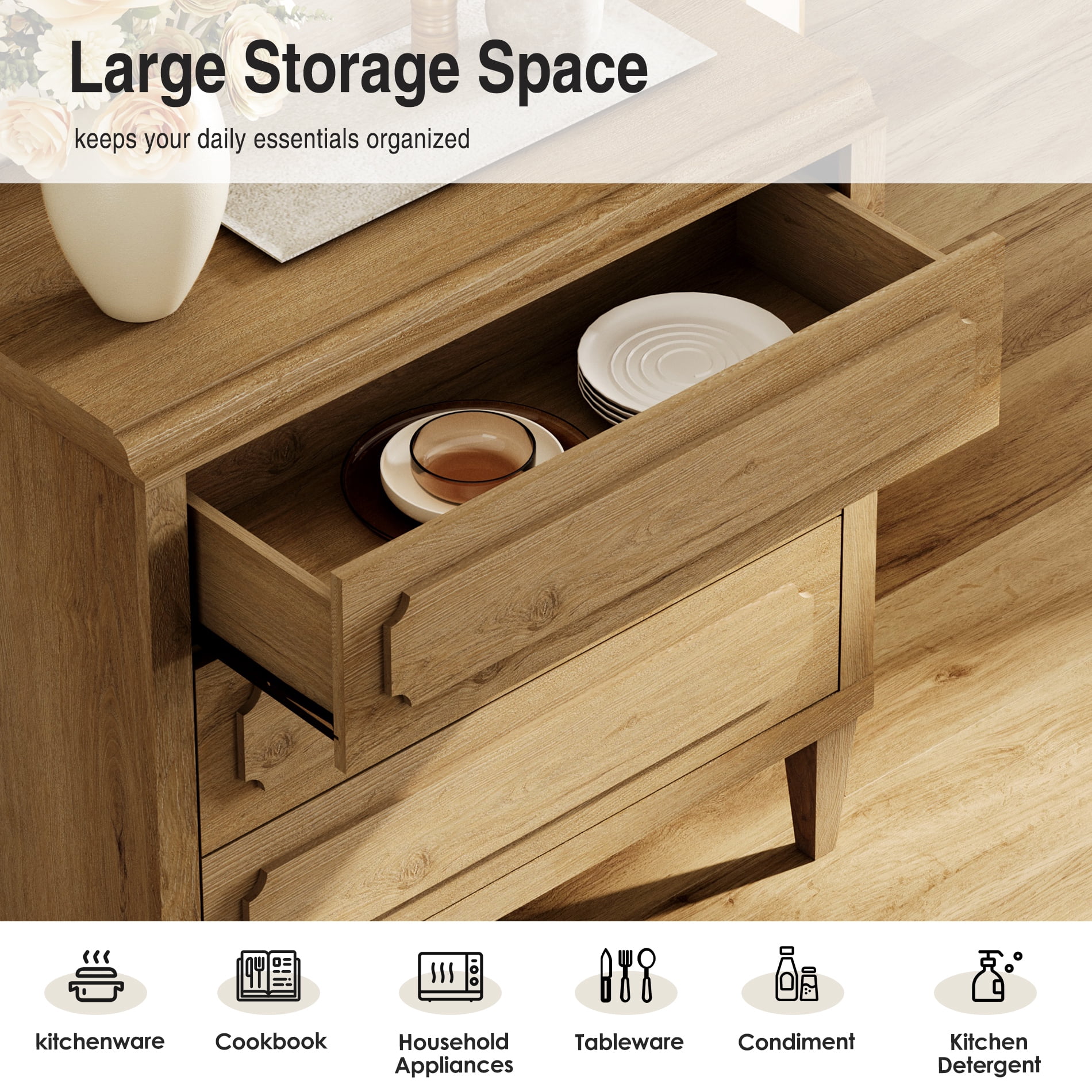 Oak Modern TV Stand for 55 Inch TVs, Wood Entertainment Center with 3 Drawers Storage for Living Room Bedroom