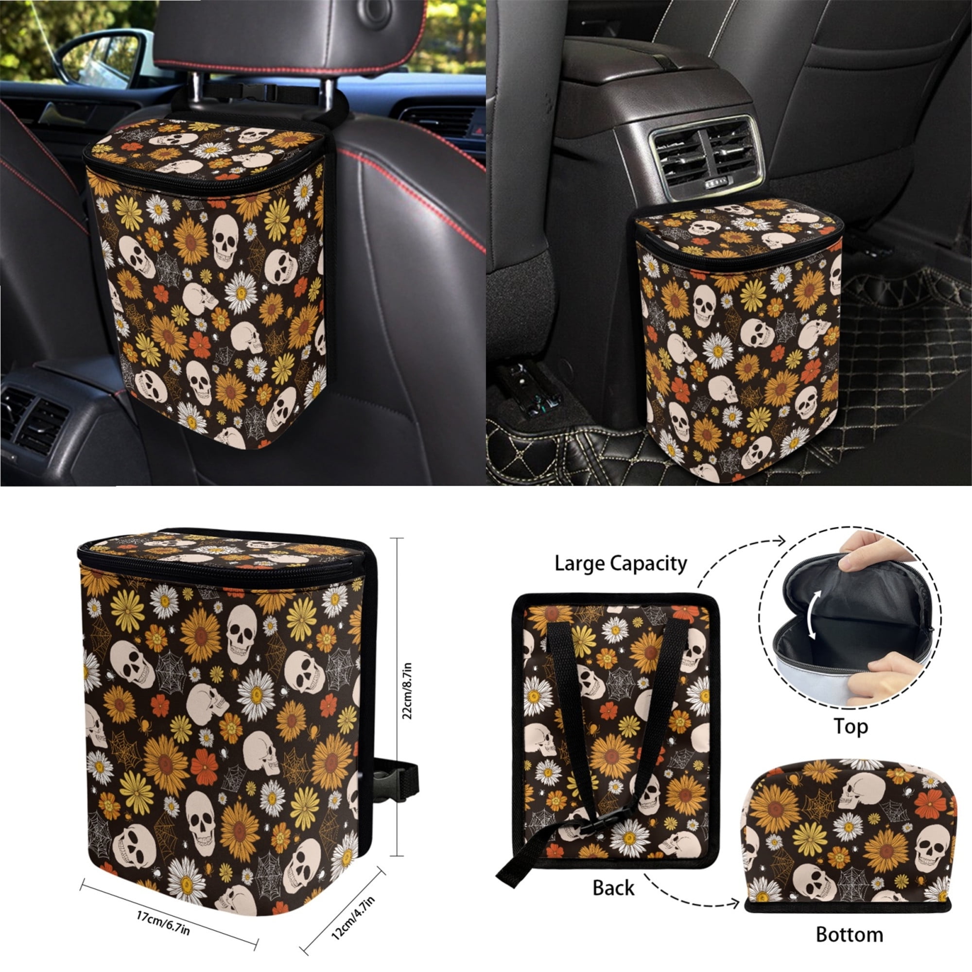 Yuyamidu Skull Car Seat Covers Full Set Daisy Auto Steering Wheel Cover Sunflower Seat Belt Pads Coasters Trash Bin Hanging Storage Bag Cup Holders Rearview Mirror Cover Key Ring 15 PCS