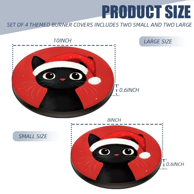 Christmas Metal Electric Stove Burner Cover, Red Christmas Black Winter Cat Warm Round Durable Easy to Clean Gas Stove Burner Covers Set of 4 for Kitchen Holiday Decor, 8 Inches and 10 Inches