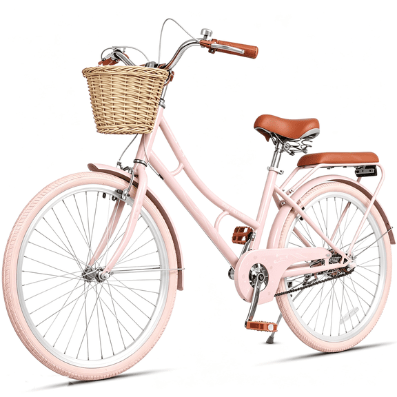 POVANLI 24" Girls Bike Single Speed Lady's Hybird Bicycle for Ages 7-11 Years with Basket Light Pink