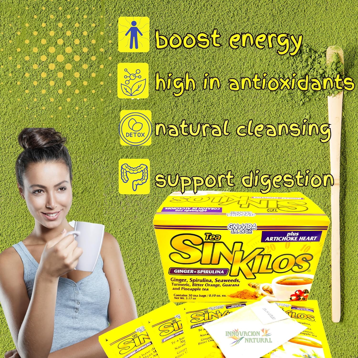 SinKilos Detox Tea GN+Vida Powerful Cleansing Tea with Ginger, Spirulina, Turmeric Orange and Pineapple Healthy Antioxidant Formula, Caffeine Free All Natural Digestive Te Panza y Grasa Herbal