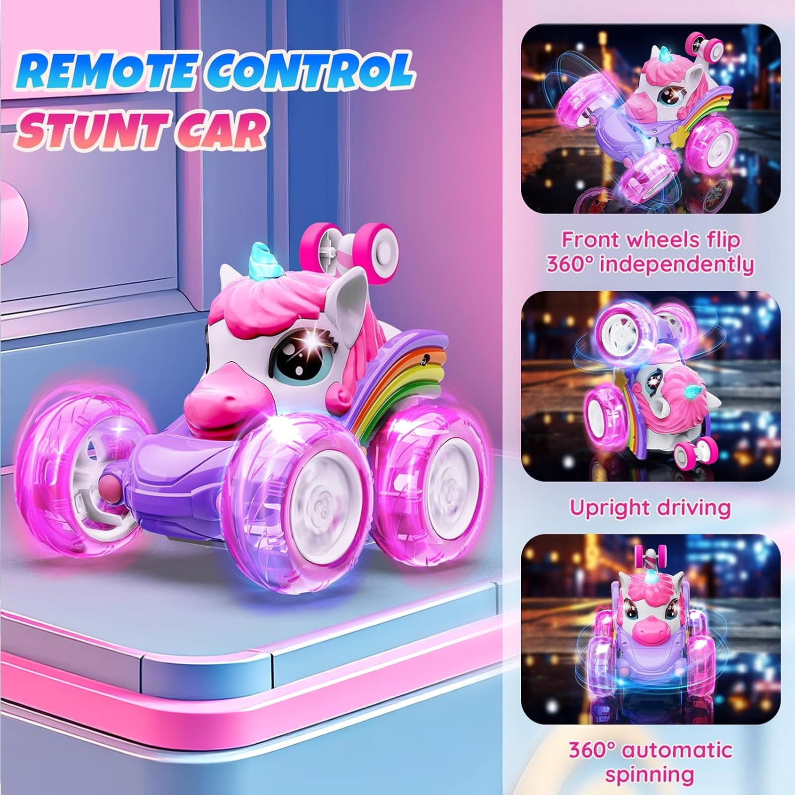 Annexfun Unicorn Toys, Remote Control Car for girls Age 3 4 5 6 - 360° Rotating Pink RC Stunt Cars for Kids, 2.4GHz Toy Car USB Direct Charging with LED Lights, Christmas Birthday Gift for Kids