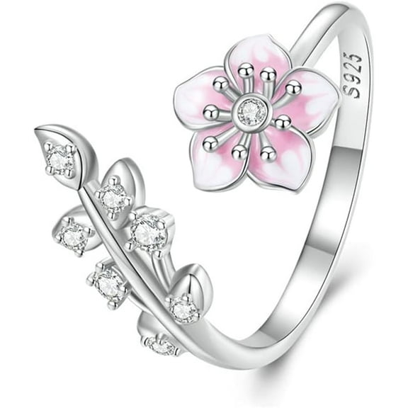Pink Cherry Blossoms Open Adjustable Ring S925 Sterling Silver Hypoallergenic CZ Crystal Wedding Rings Promise Love Engagement Statement Cubic Zirconia Flower Jewelry for Women Bff