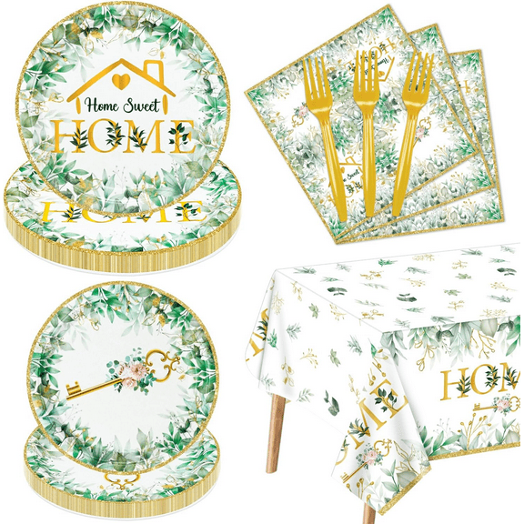 Housewarming Party Decorations - 81pcs Home Sweet Home Party Tableware Set, House Warming Tablecloth, Housewarming Key Plates and Napkins for Welcome Homes New House Wedding Decoration, Serve 20