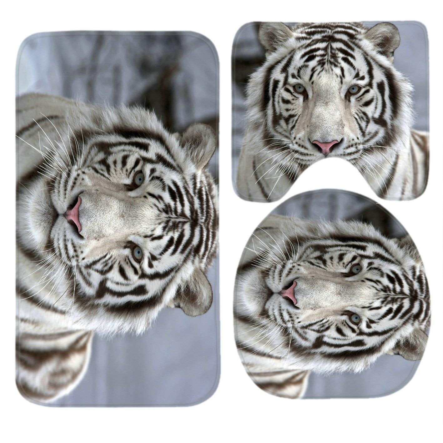 CHAPLLE White Tiger 3 Piece Bathroom Rugs Set Bath Rug Contour Mat and