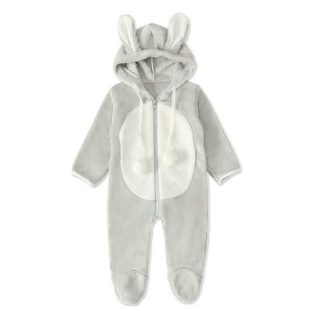 

DNDKILG Infant Baby Toddler Fleece Hooded Romper for Girl Boy Cotton Winter Warm Long Sleeve Footies Gray 3M-18M