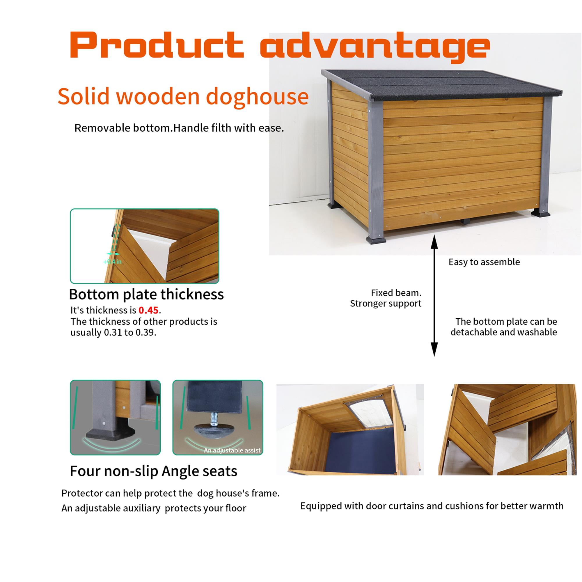 Pefilos 45" Wooden Dog Houses for Large Dogs Outdoor Weatherproof Pet House with Plastic Curtain, Insulation Mat, Brown Pefilos 45" Wooden Dog Houses for Large Dogs Outdoor Weatherproof Pet House with Plastic Curtain, Insulation Mat, Brown