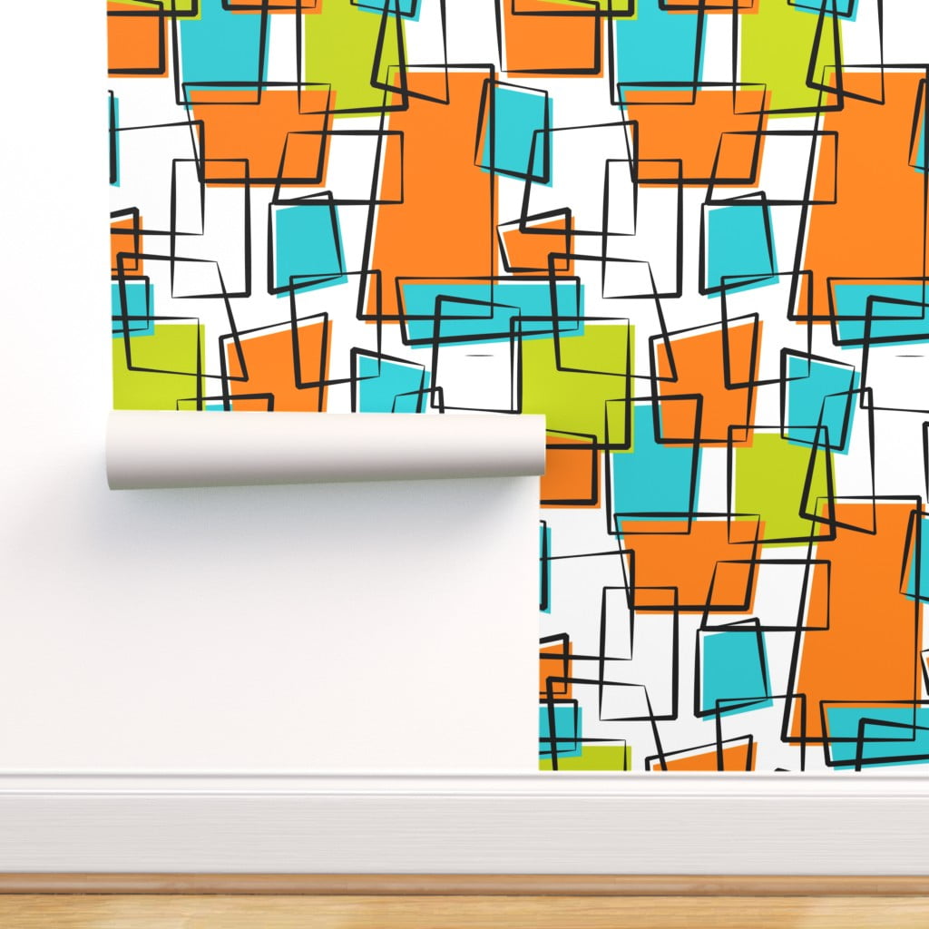 Removable Water-Activated Wallpaper Orbs Squares Orange Mod Mid Century Modern 