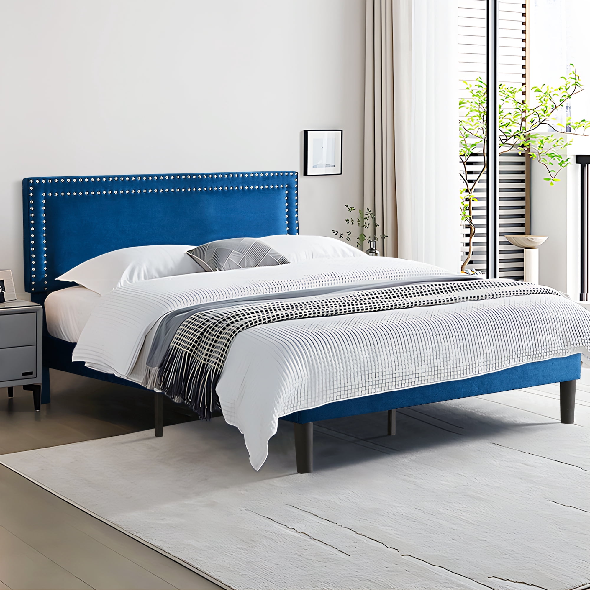 VECELO Full Size Platform Bed Frame with Adjustable Height Upholstered Headboard, Strong Wood Slat Support, No Box Spring Needed, Dark Blue