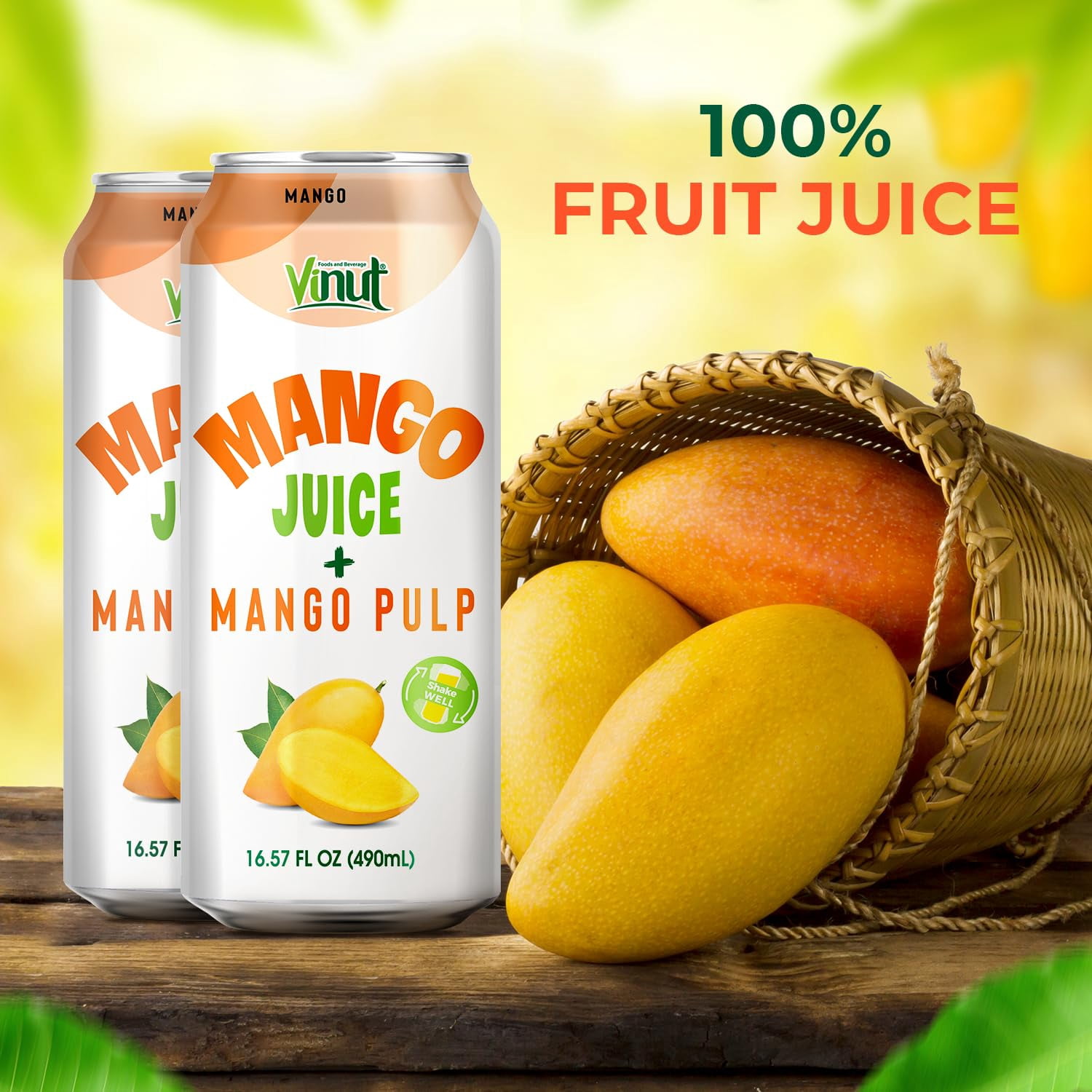 Vinut 100% Mngo Juice With Pulp (16.57 fl oz, Pack 12), No Sugar Added, Fresh, Natural, Not from Concentrate (NFC)