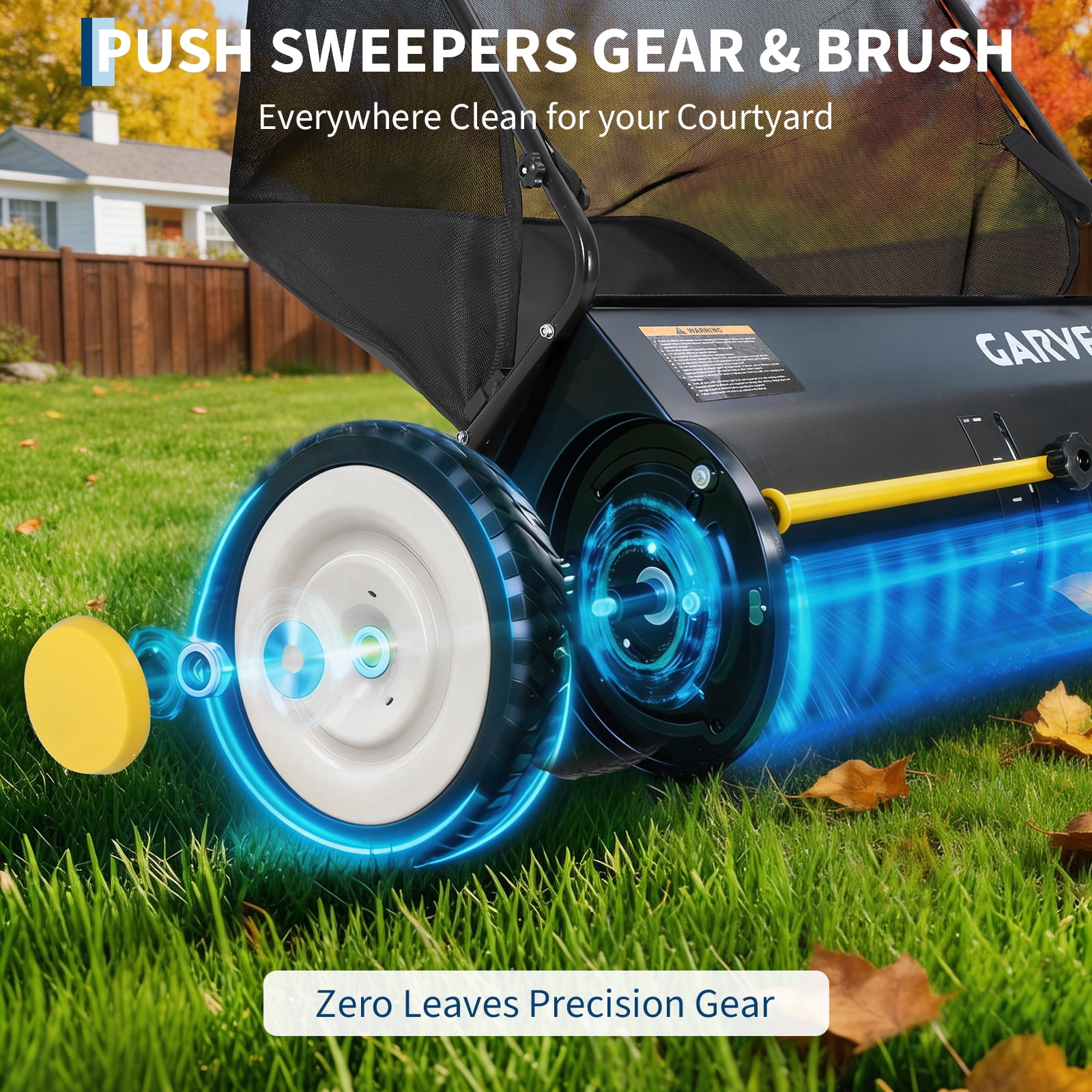 BouPower 26 in Push Lawn Sweeper – 4 Spinning Brushes, 7 Cu. Ft. Large Capacity Collection Bag, Adjustable Height, Durable Steel Frame with Rubber Wheels, for Grass, Leaves & Debris on All Terrains