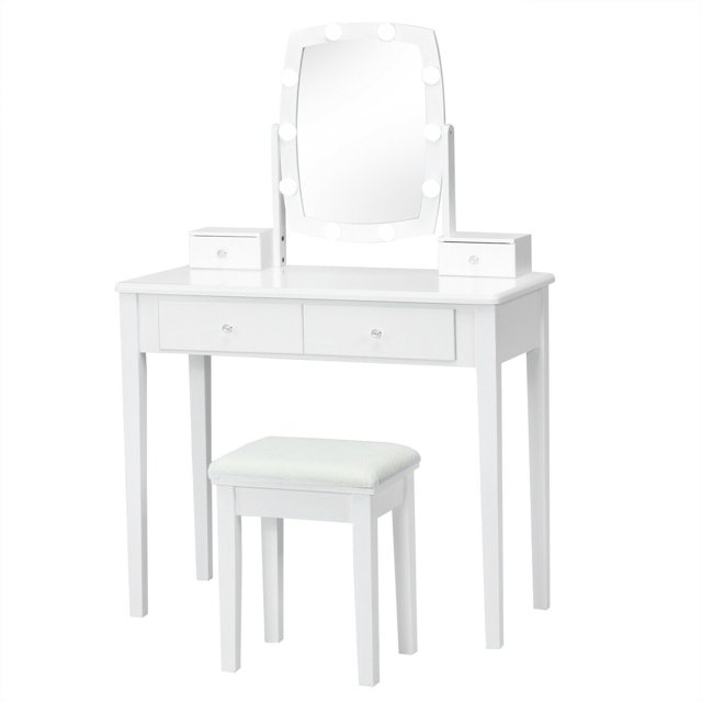 Gymax Ensemble de Coiffeuse avec Miroir Éclairé, Commode Réglable à 10 Ampoules, 4 Tiroirs, Blanc