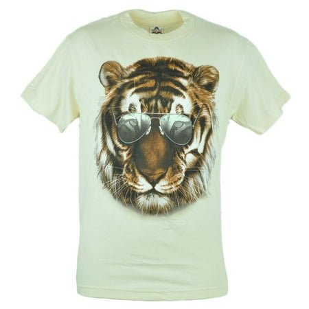 - Aviator Tiger Shades Cool Animal Graphic Tshirt Tee Beige Men Adult Shirt XLarge