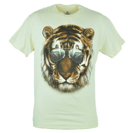 Aviator Tiger Shades Cool Animal Graphic Tshirt Tee Beige Men Adult Shirt XLarge