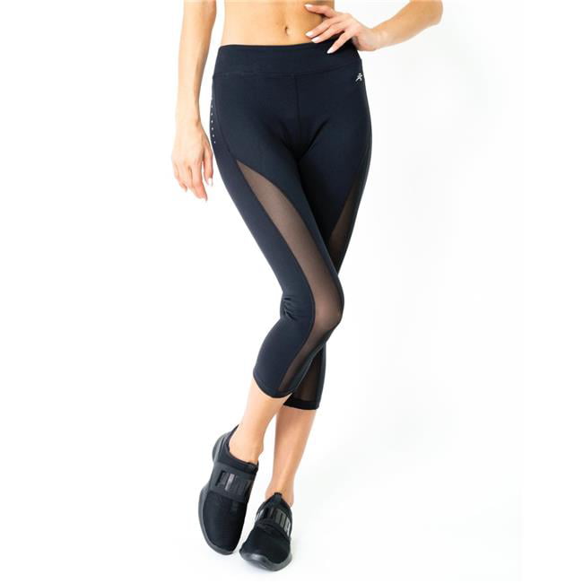 Womens Compression Leggings Capri Workout Running 3/4 Pants with Pocket & Mesh Panels