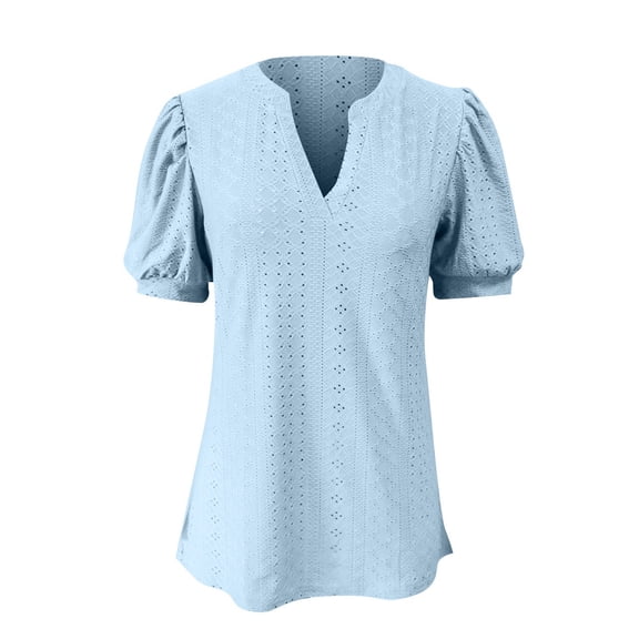 OSOLU Women Summer Casual V-Neck Solid Color Hollow Puffy Sleeve Loose T-Shirt Tshirts Tee Tops Stylish Dailywear