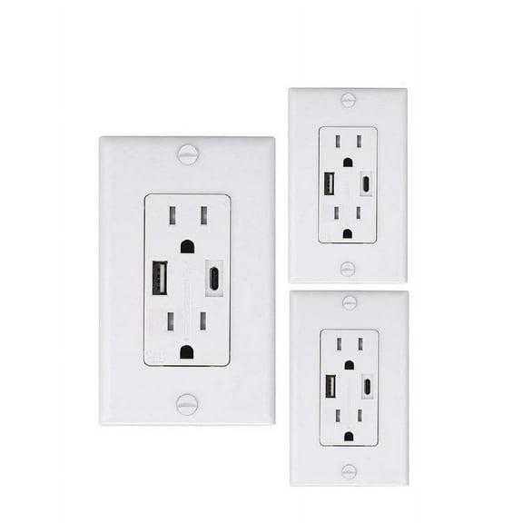 Teklectric 4.0A High Speed USB A/USB Type C Receptacle 15A Tamper Resistant Receptacle ETL Approved and Free Wall Plate, White (3 Pack)