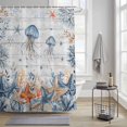 thumbnail image 3 of Oceans Marine Life Shower Curtain, Orange Blue Jellyfish Starfish Wood Grain Waterproof Shower Curtain Set with 12 Hooks Lightweight Bath Curtains Fabric Bathroom Decor 48x72 Inches, 3 of 9