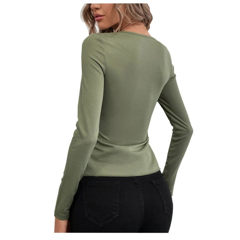 Hfyihgf Women's Long Sleeve Sweaters Wrap V Neck Pullover Ribbed Knit Slim Fitted Shirts Button Side Decor Asymmetrical Tops(Green,L)