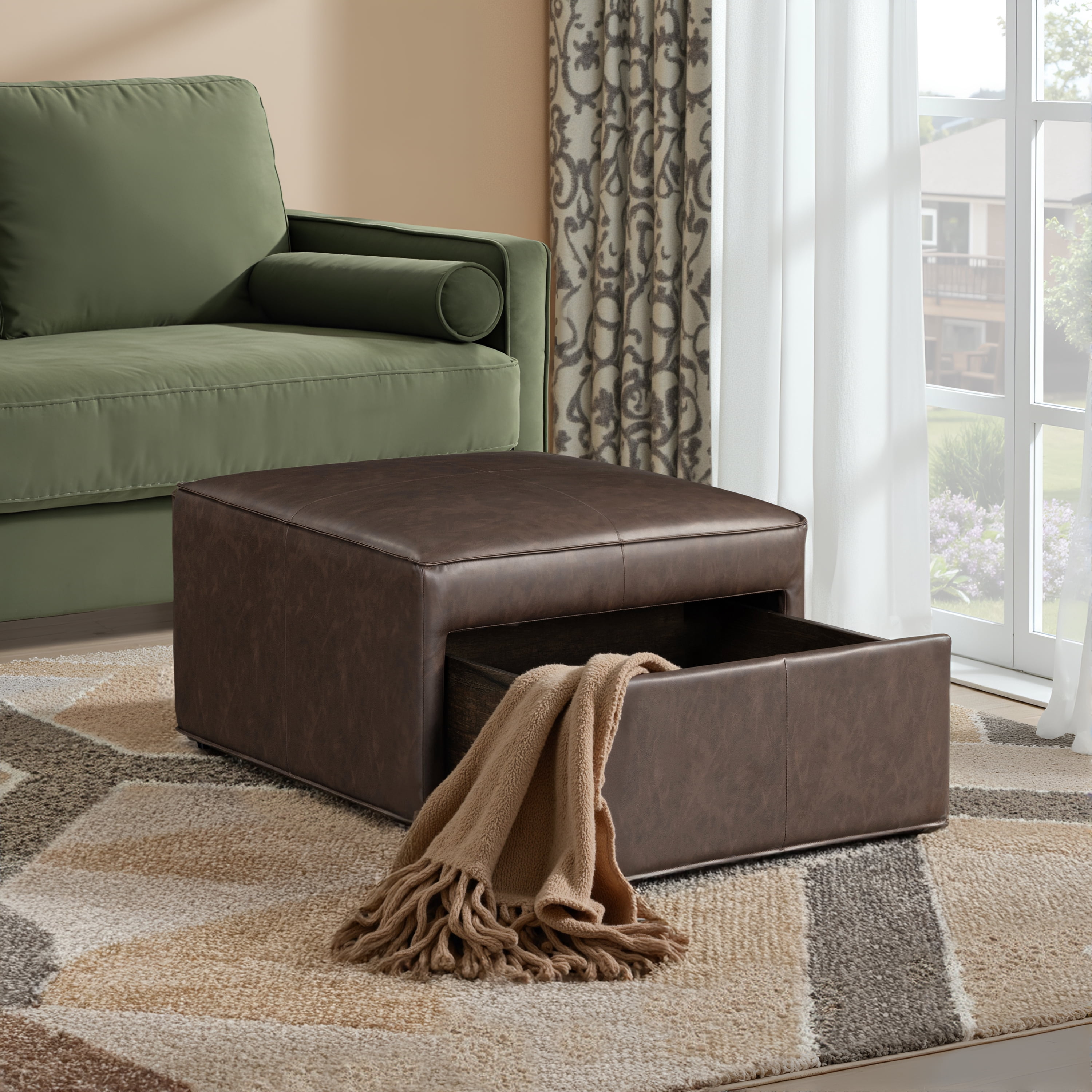 Studio Living Hadley Modern Storage Ottoman, Chestnut Faux Leather