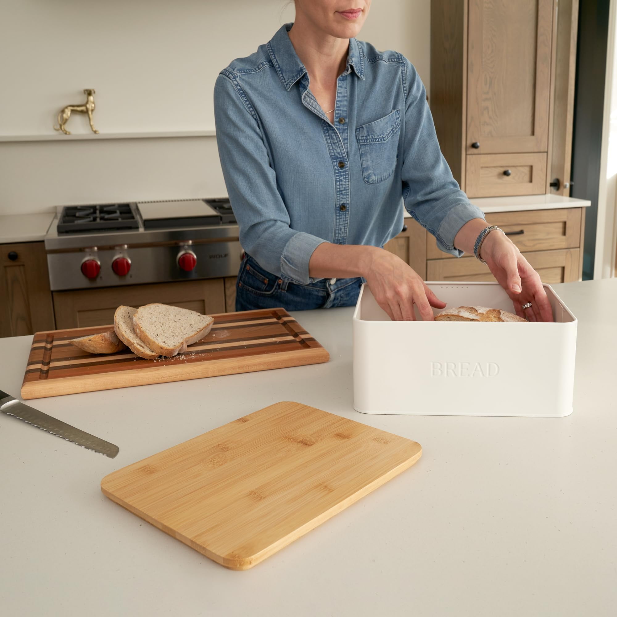 Stylish Bread Box with Wooden Lid for Kitchen Countertop, Spacious Storage Container for Homemade Bread Muffins Bagels, Premium Cutting Board Lid Keeps Bread Fresh