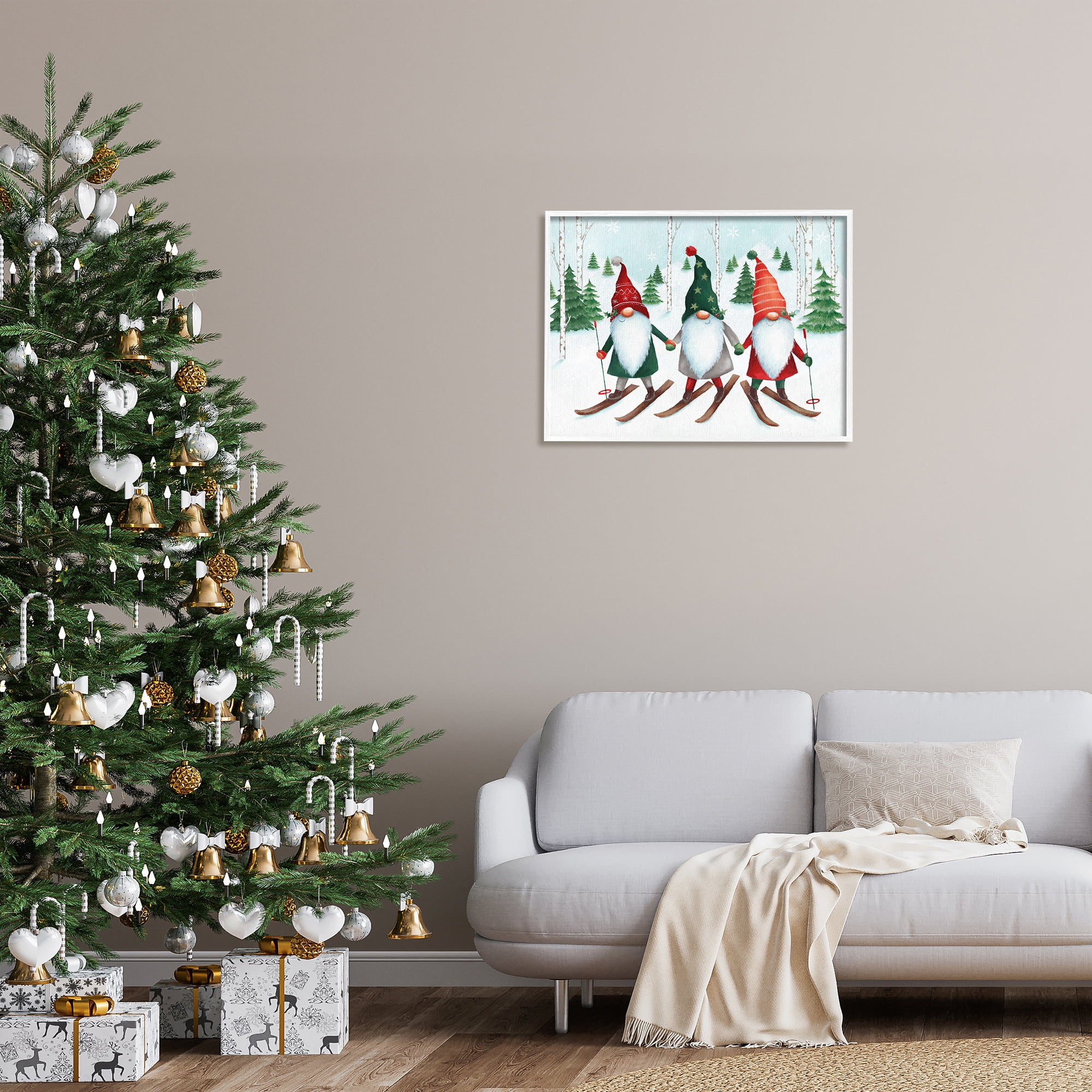 Stupell Industries Gnome Trio Skiing Holiday Painting White Framed Art Print Wall Art, 30 x 24