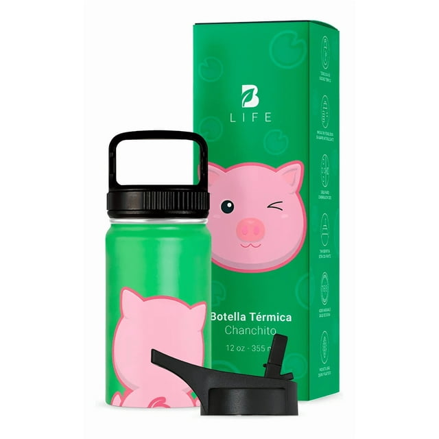 Botella de Agua para Niños 355ml Chanchito | Con Asa, 2 Tapas, 2 Popotes y Cepillo | Libre de BPA | B Life