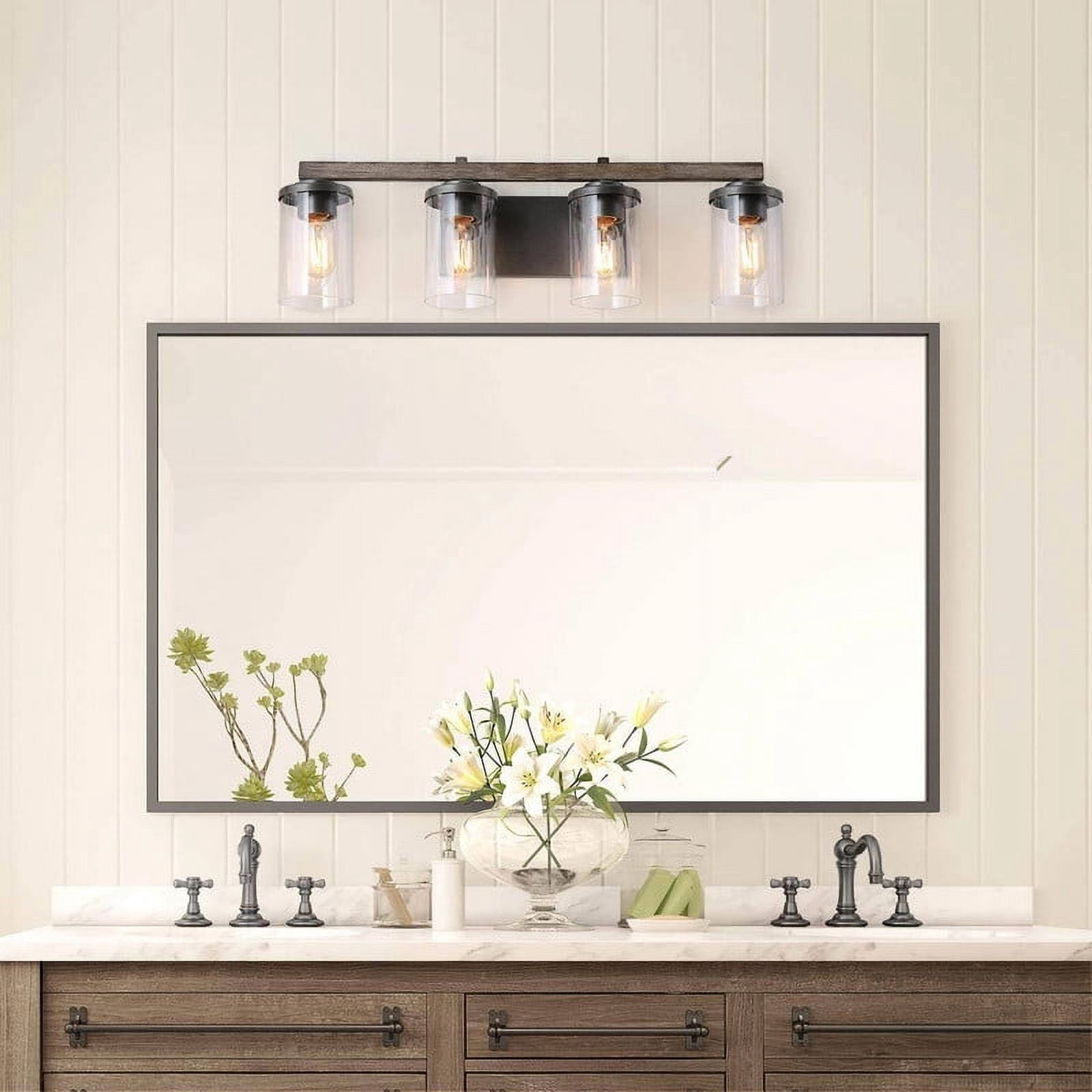 LNC 4-Light Black Cylinder Clear Glass Modern Farmhouse Wood Tone Bathroom Vanity Light