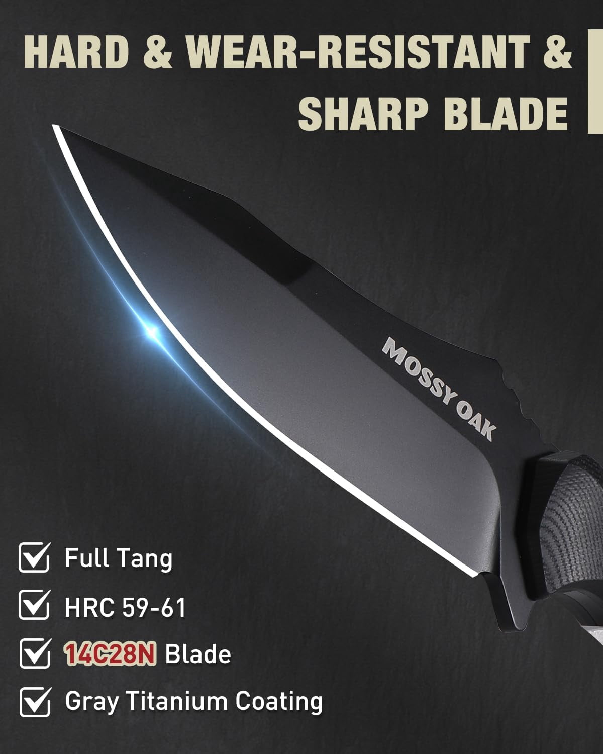 Mossy Oak 9" Fixed Blade Hunting Knife with Sheath, 14C28N Full Tang, G10 Handle Outdoor Knife for Survival, Camping, Hiking(Black)